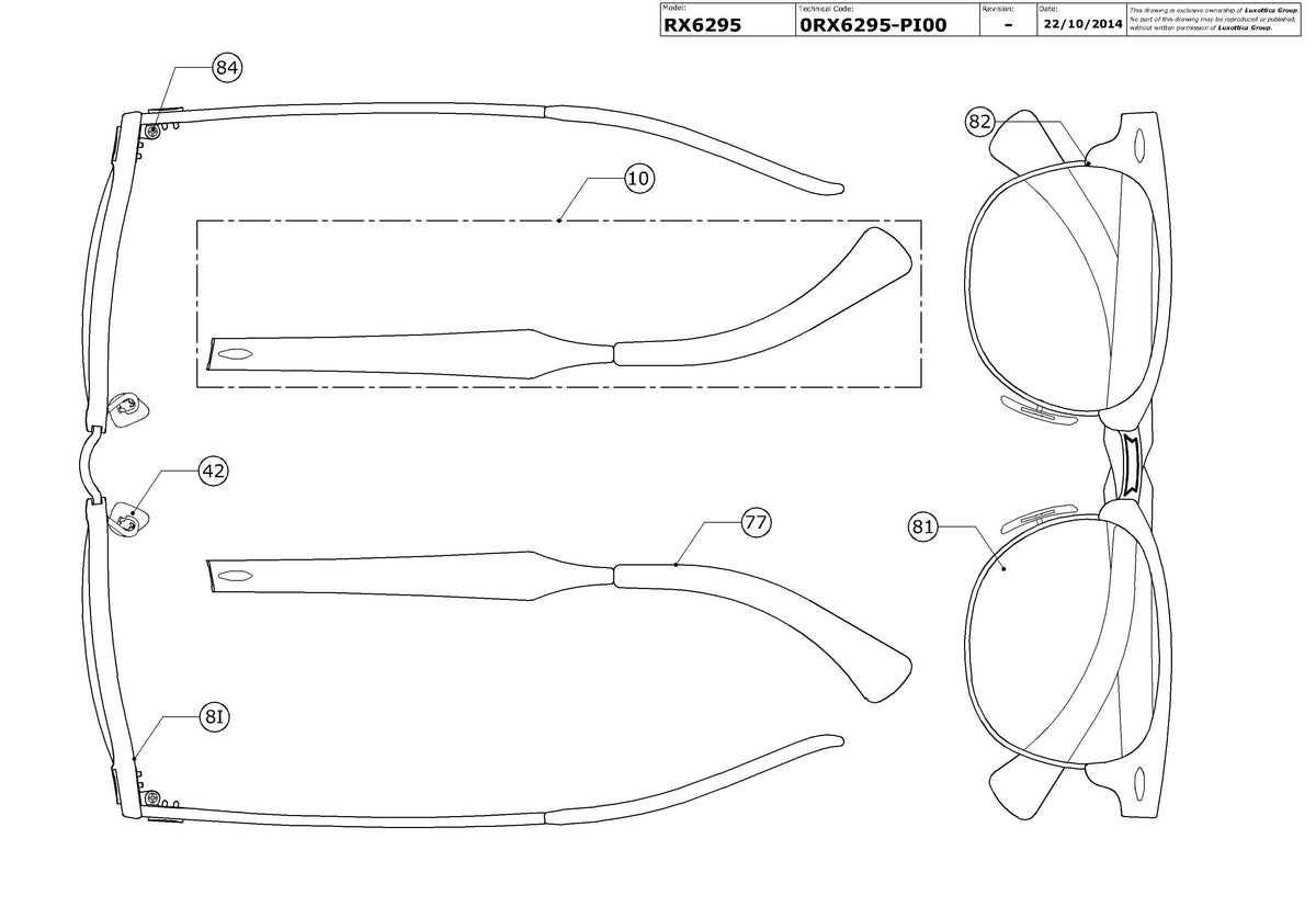 Exploded technical drawing of the Ray-Ban RX6295 Glasses Replacement Parts, with each replacement part numbered