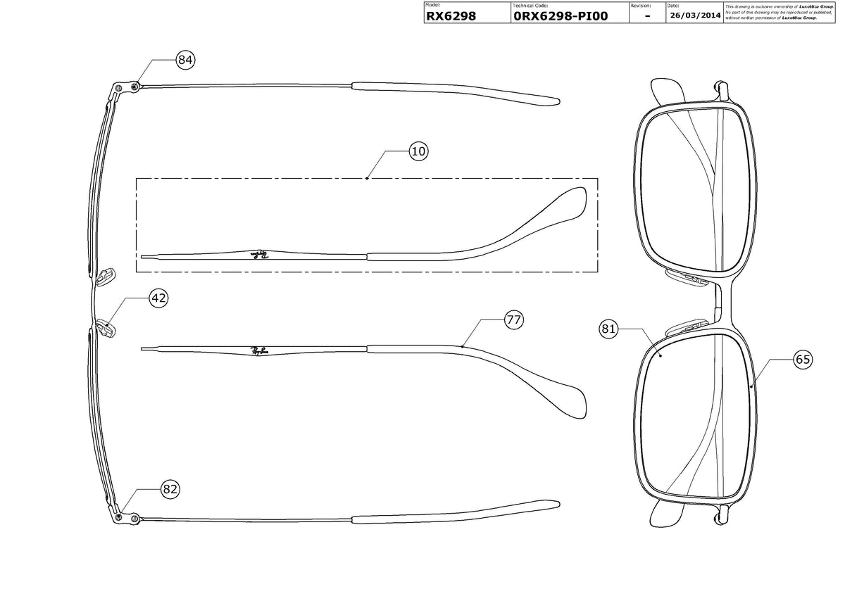 Exploded technical drawing of the Ray-Ban RX6298 Glasses Replacement Parts, with each replacement part numbered