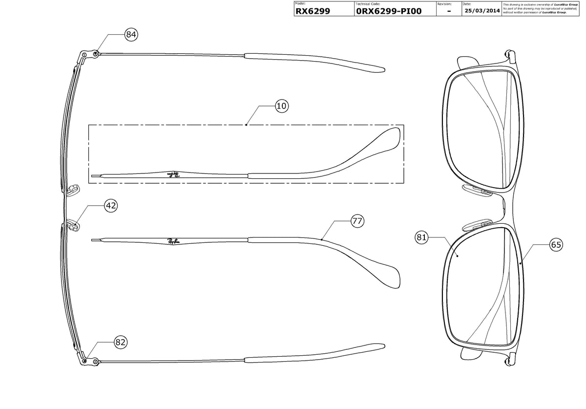Exploded technical drawing of the Ray-Ban RX6299 Glasses Replacement Parts, with each replacement part numbered