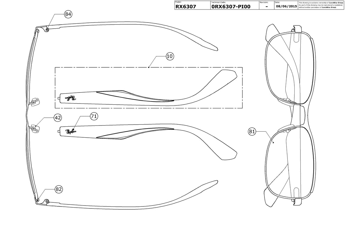 Enlarged technical drawing of the Ray-Ban RX6307 Glasses Replacement Parts