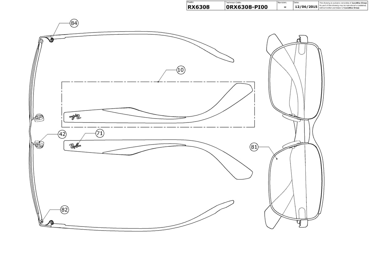 Exploded technical drawing of the Ray-Ban RX6308 Glasses Replacement Parts, with each replacement part numbered