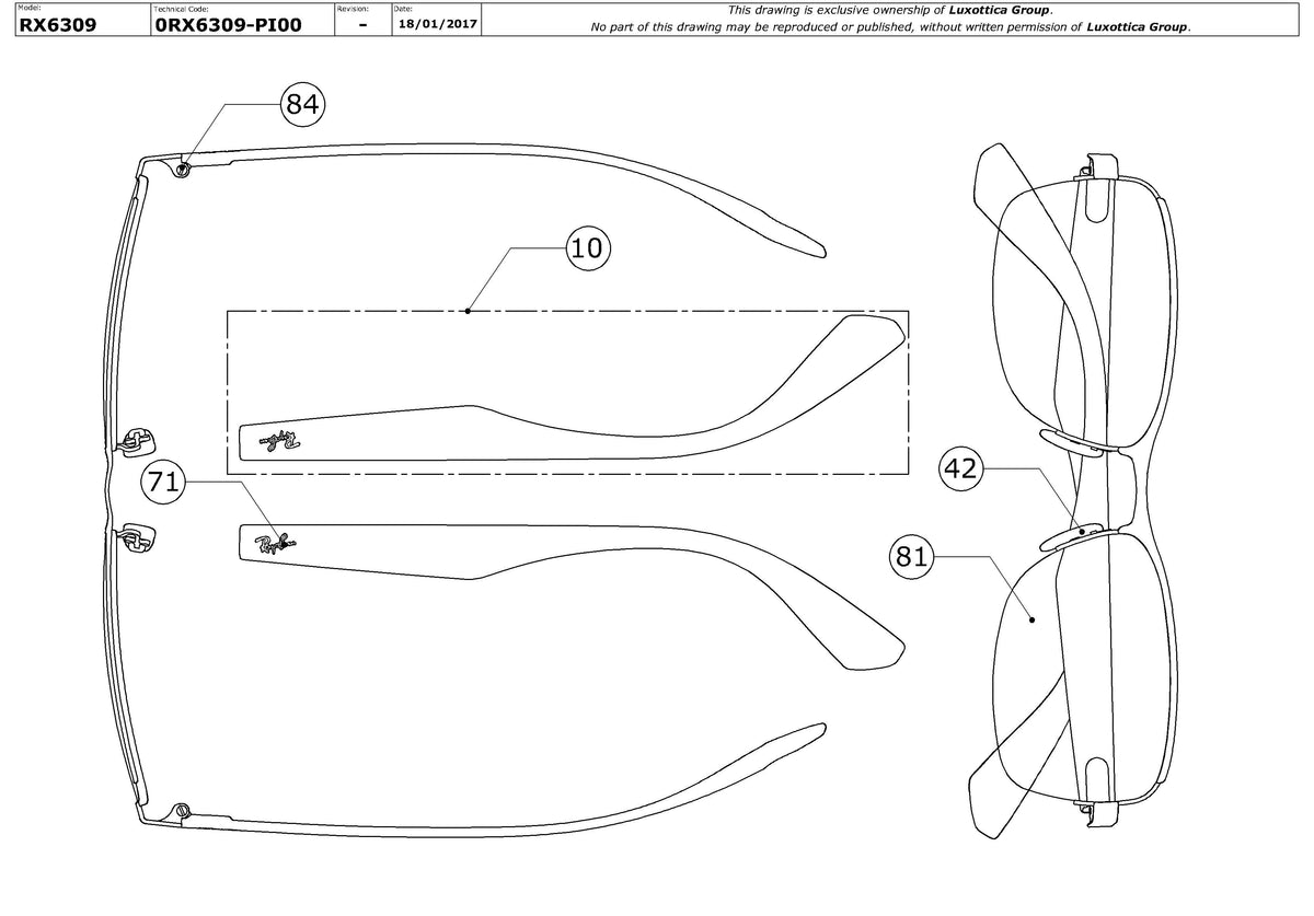 Exploded technical drawing of the Ray-Ban RX6309 Glasses Replacement Parts, with each replacement part numbered