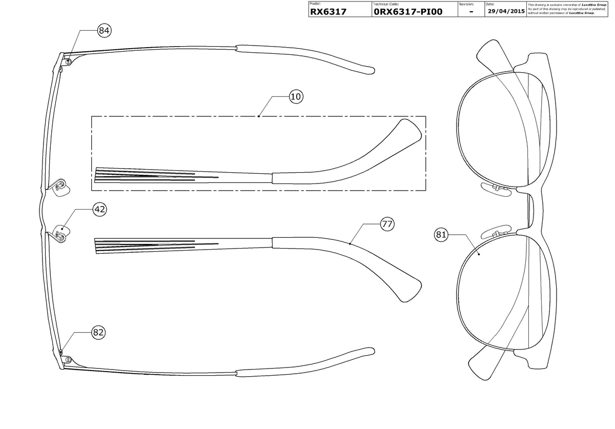 Exploded technical drawing of the Ray-Ban RX6317 Glasses Replacement Parts, with each replacement part numbered