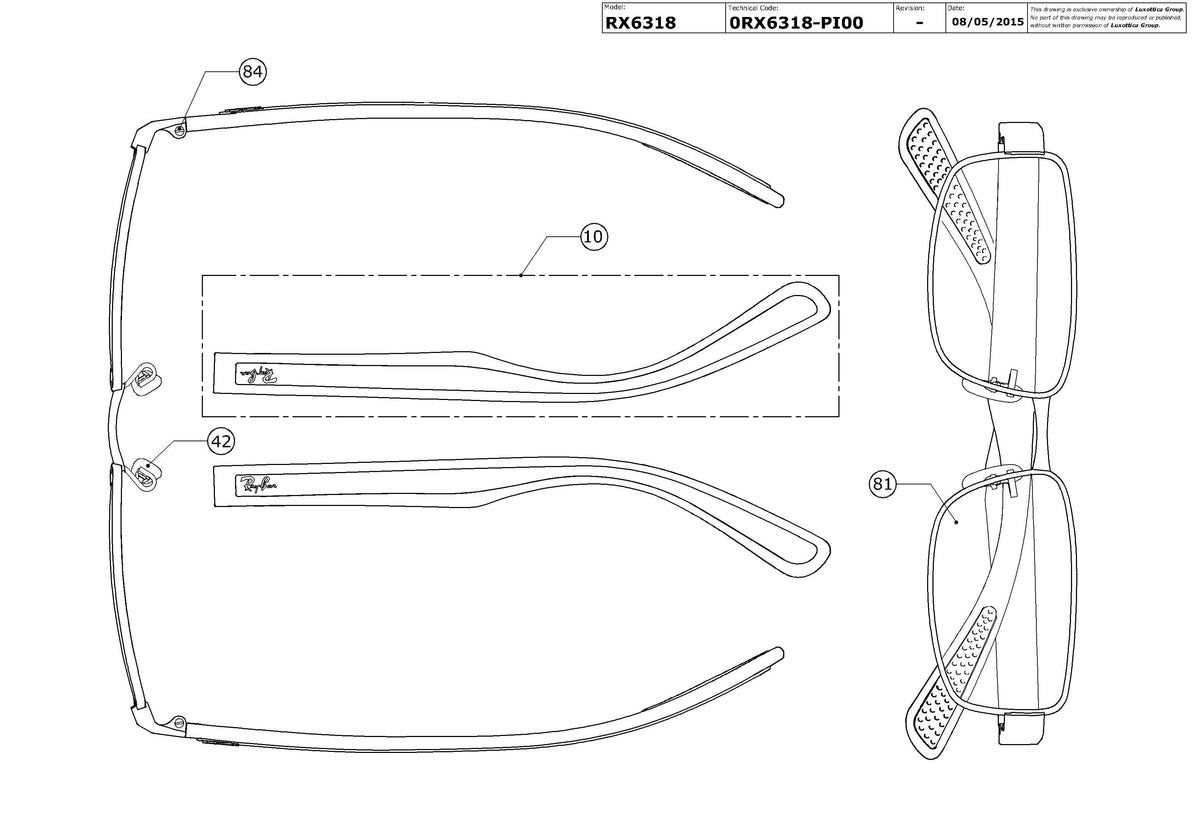 Exploded technical drawing of the Ray-Ban RX6318 Glasses Replacement Parts, with each replacement part numbered