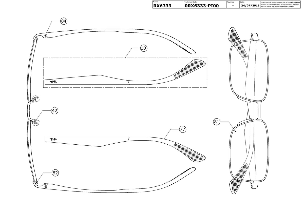 Exploded technical drawing of the Ray-Ban RX6333 Glasses Replacement Parts, with each replacement part numbered