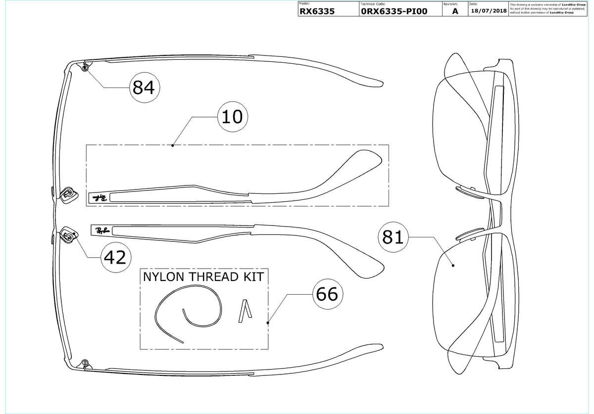 Exploded technical drawing of the Ray-Ban RX6335 Glasses Replacement Parts, with each replacement part numbered