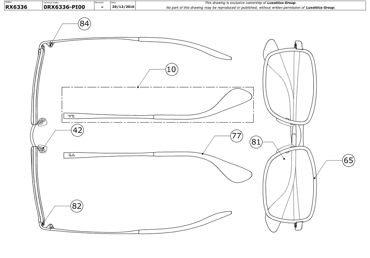 Exploded technical drawing of the Ray-Ban RX6336 Glasses Replacement Parts, with each replacement part numbered