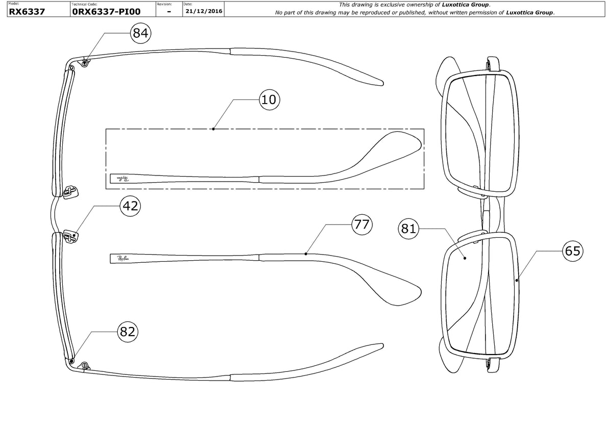 Exploded technical drawing of the Ray-Ban RX6337 Glasses Replacement Parts, with each replacement part numbered