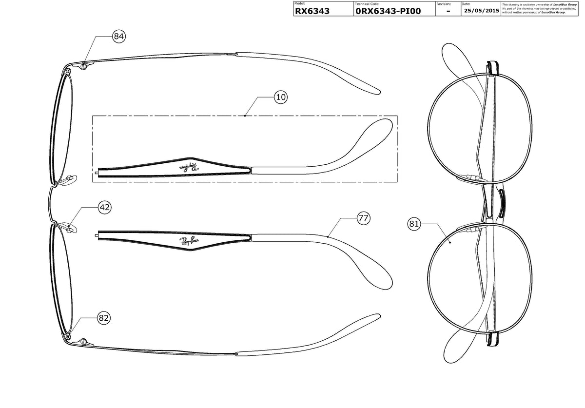 Enlarged technical drawing of the Ray-Ban RX6343 Glasses Replacement Parts