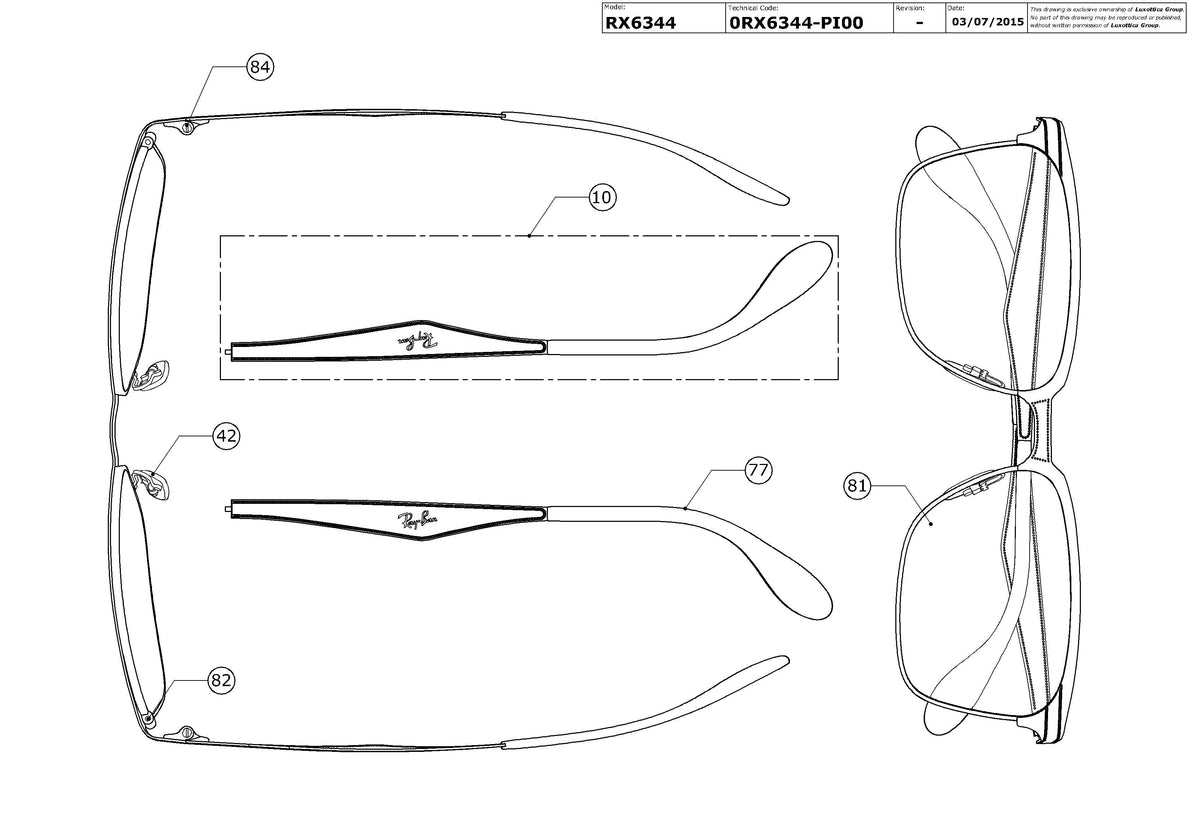 Exploded technical drawing of the Ray-Ban RX6344 Glasses Replacement Parts, with each replacement part numbered