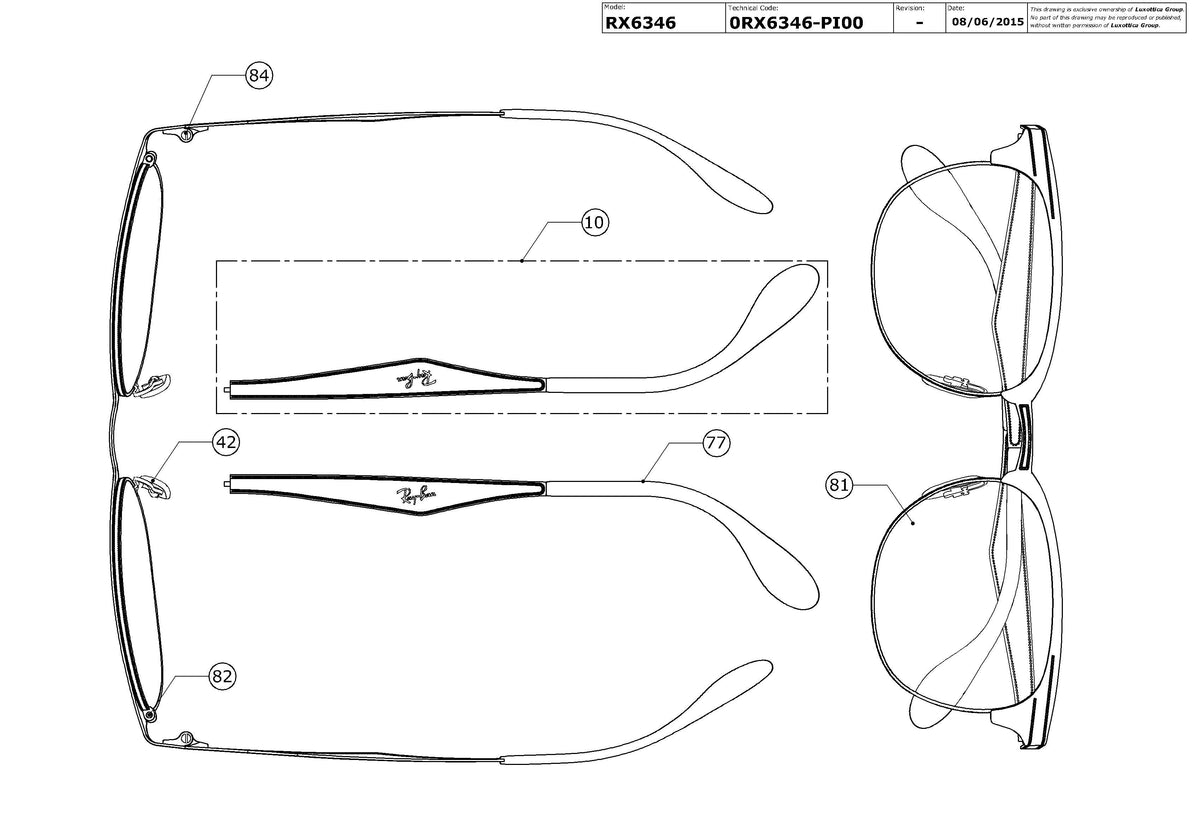 Exploded technical drawing of the Ray-Ban RX6346 Glasses Replacement Parts, with each replacement part numbered