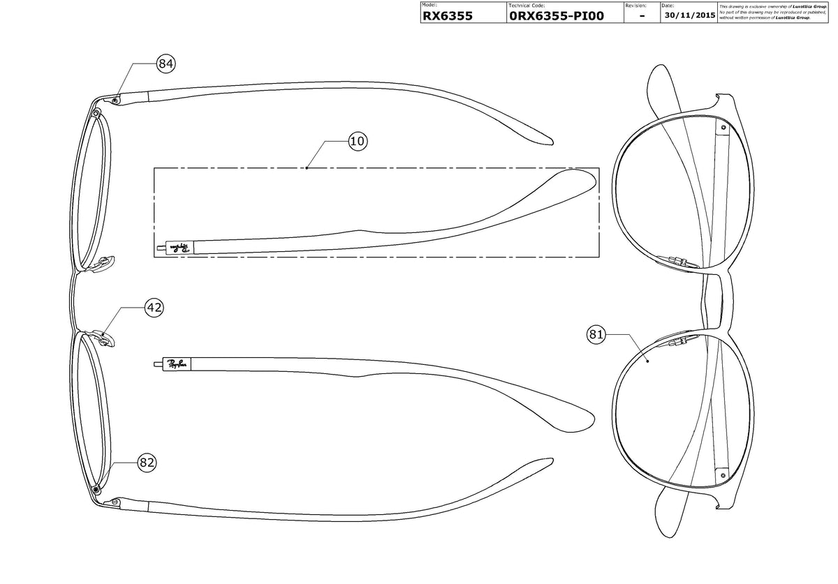 Enlarged technical drawing of the Ray-Ban RX6355 Glasses Replacement Parts