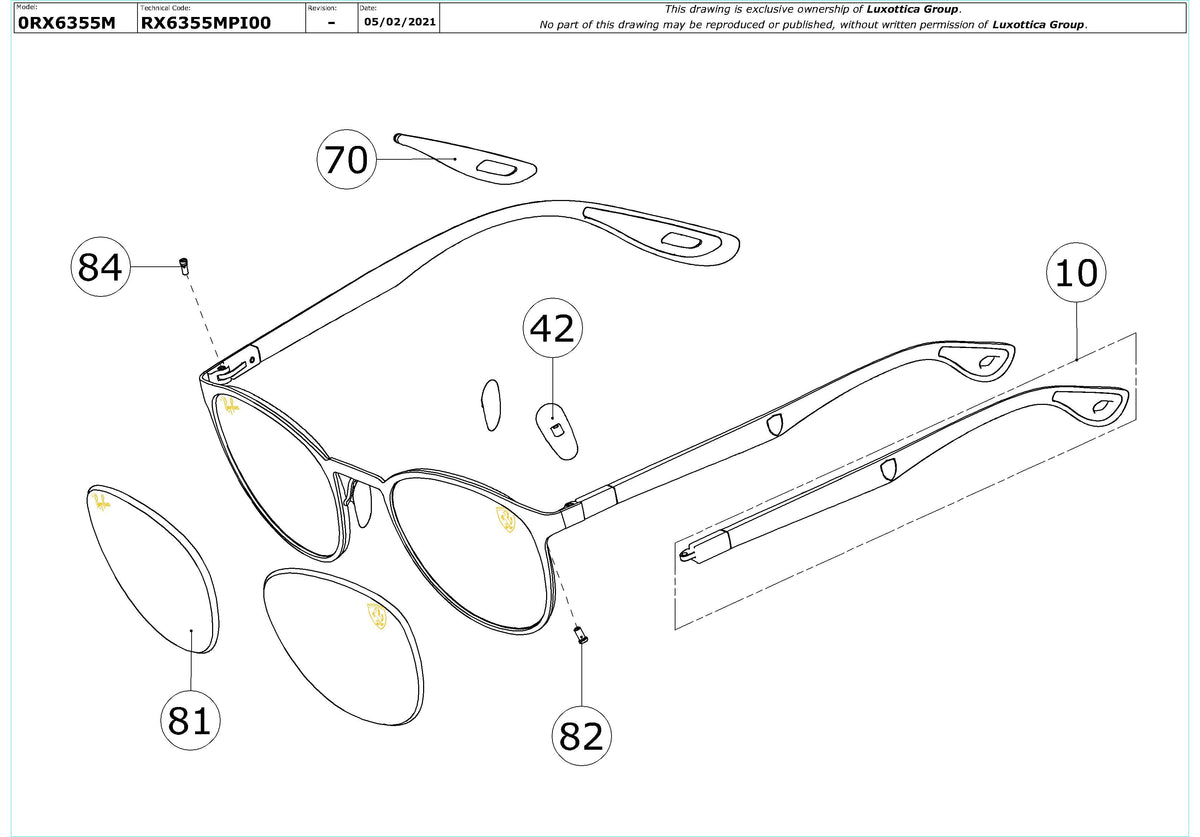 Exploded technical drawing of the Ray-Ban RX6355M Glasses Replacement Parts, with each replacement part numbered