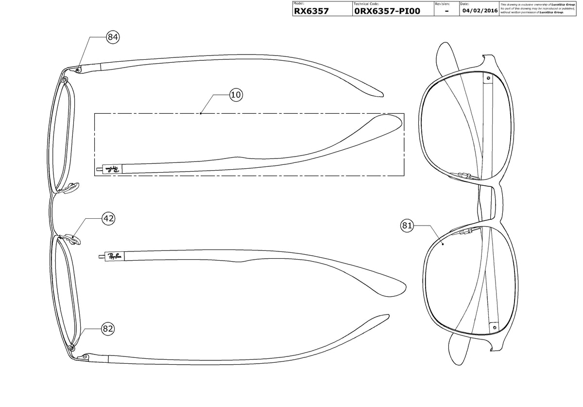 Enlarged technical drawing of the Ray-Ban RX6357 Glasses Replacement Parts