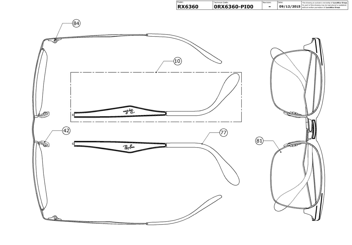 Exploded technical drawing of the Ray-Ban RX6360 Glasses Replacement Parts, with each replacement part numbered
