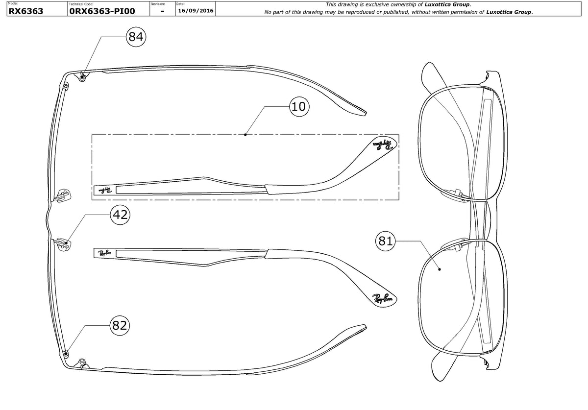 Exploded technical drawing of the Ray-Ban RX6363 Glasses Replacement Parts, with each replacement part numbered
