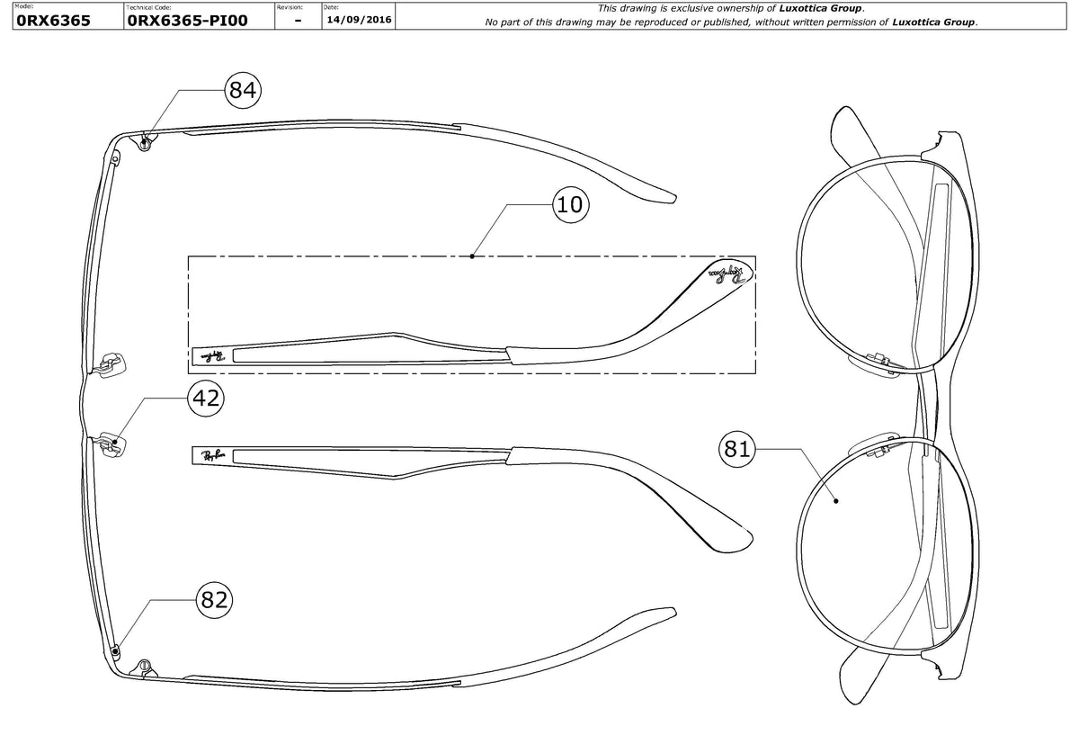 Exploded technical drawing of the Ray-Ban RX6365 Glasses Replacement Parts, with each replacement part numbered