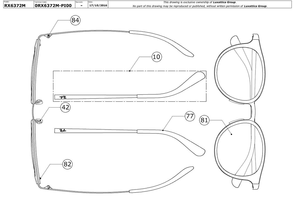 Exploded technical drawing of the Ray-Ban RX6372M Glasses Replacement Parts, with each replacement part numbered