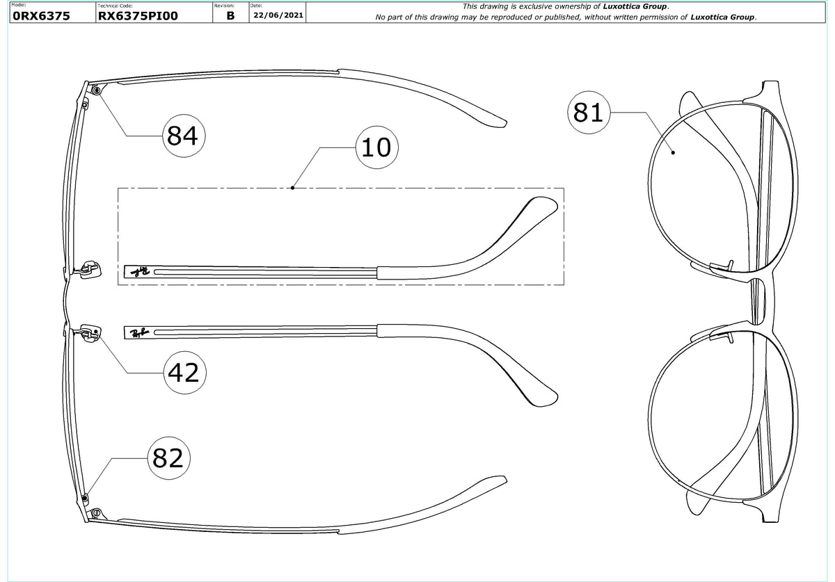 Enlarged technical drawing of the Ray-Ban RX6375 Glasses Replacement Parts