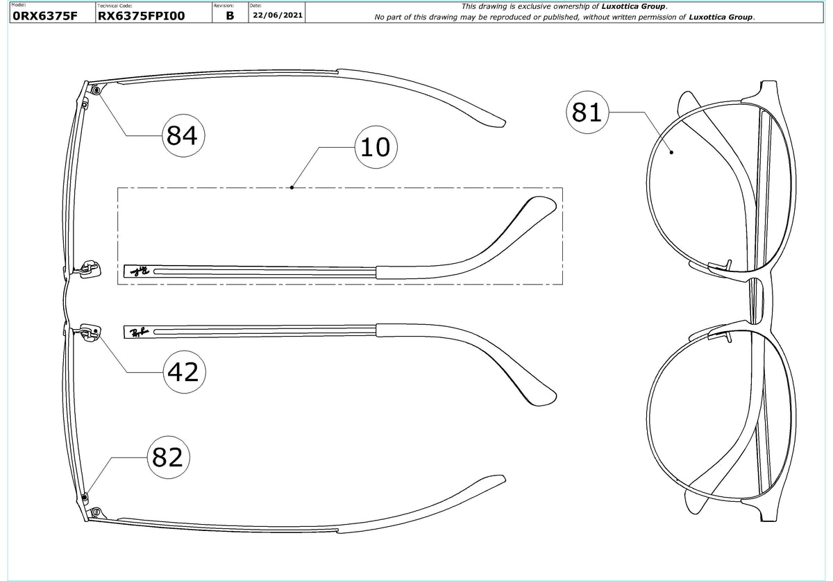 Enlarged technical drawing of the Ray-Ban RX6375F Glasses Replacement Parts