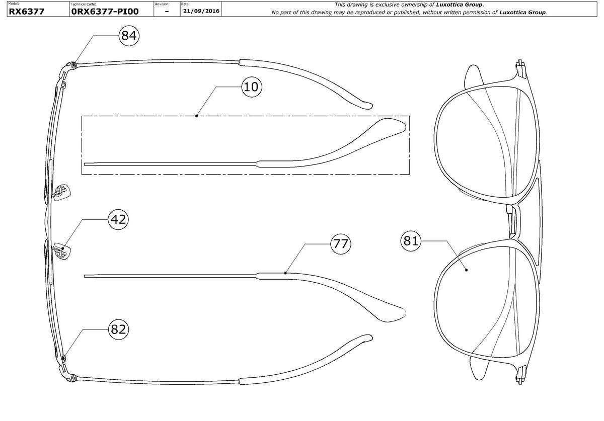 Enlarged technical drawing of the Ray-Ban RX6377 Glasses Replacement Parts