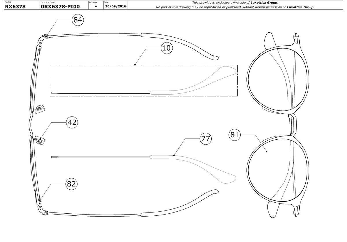 Exploded technical drawing of the Ray-Ban RX6378 Glasses Replacement Parts, with each replacement part numbered