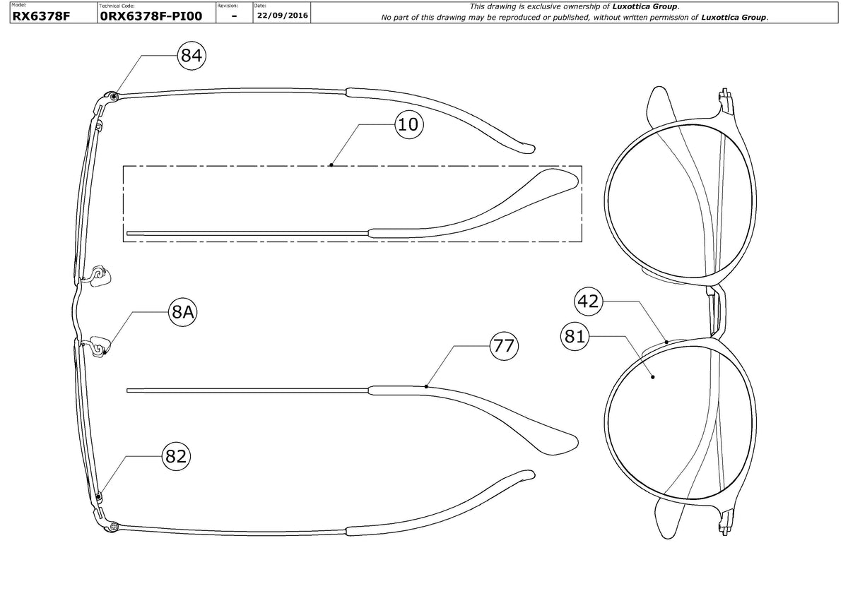 Exploded technical drawing of the Ray-Ban RX6378F Glasses Replacement Parts, with each replacement part numbered