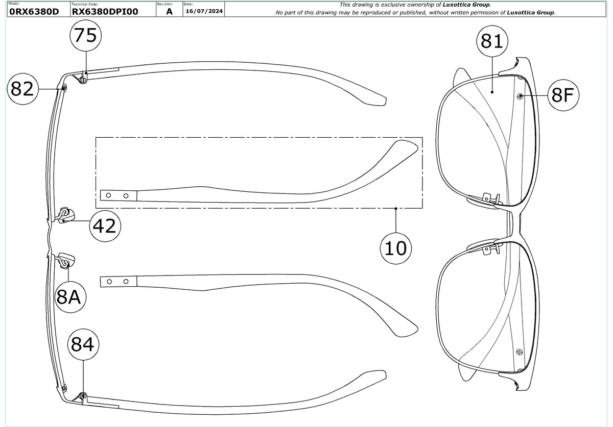 Enlarged technical drawing of the Ray-Ban RX6380D Glasses Replacement Parts