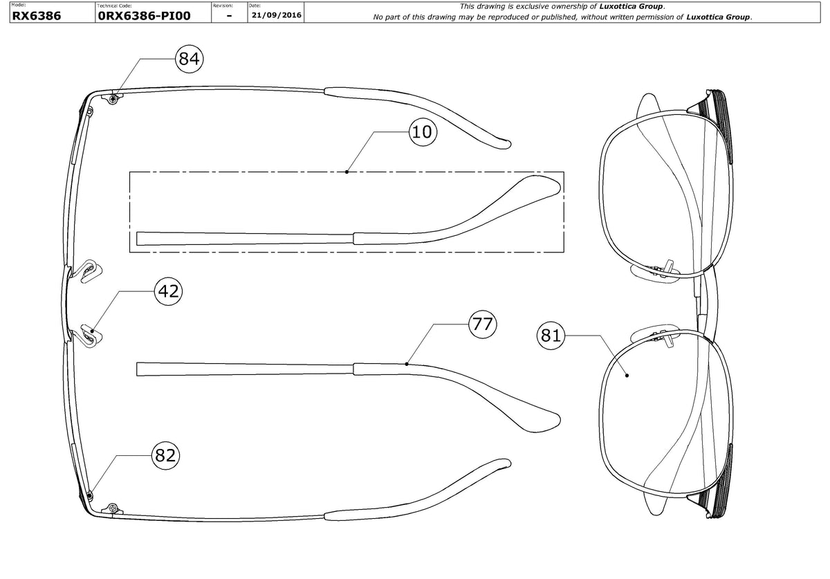 Enlarged technical drawing of the Ray-Ban RX6386 Glasses Replacement Parts