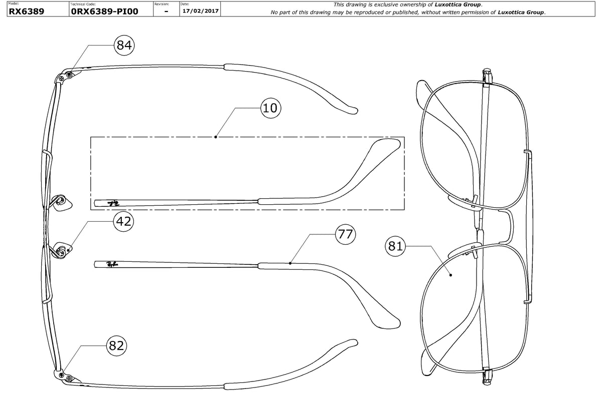 Enlarged technical drawing of the Ray-Ban The General RX6389 Glasses Replacement Parts