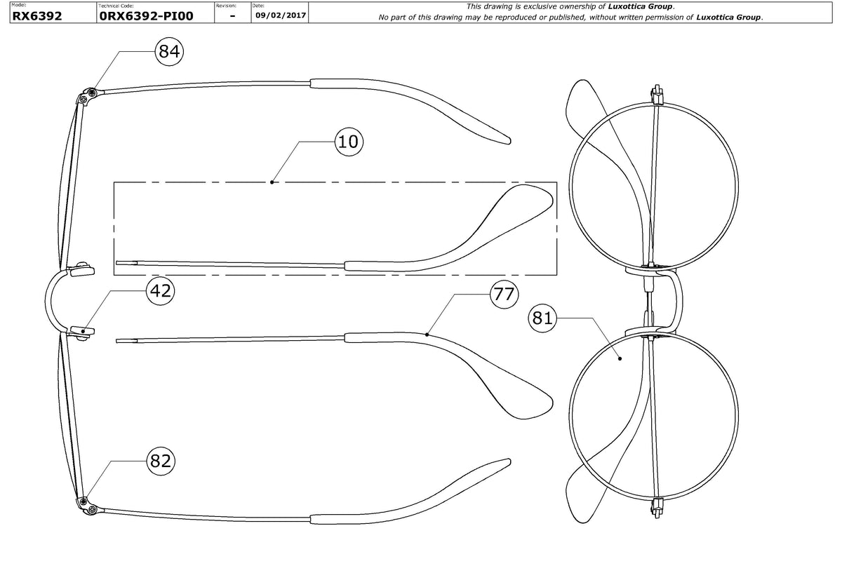 Exploded technical drawing of the Ray-Ban Ja-jo RX6392 Glasses Replacement Parts, with each replacement part numbered