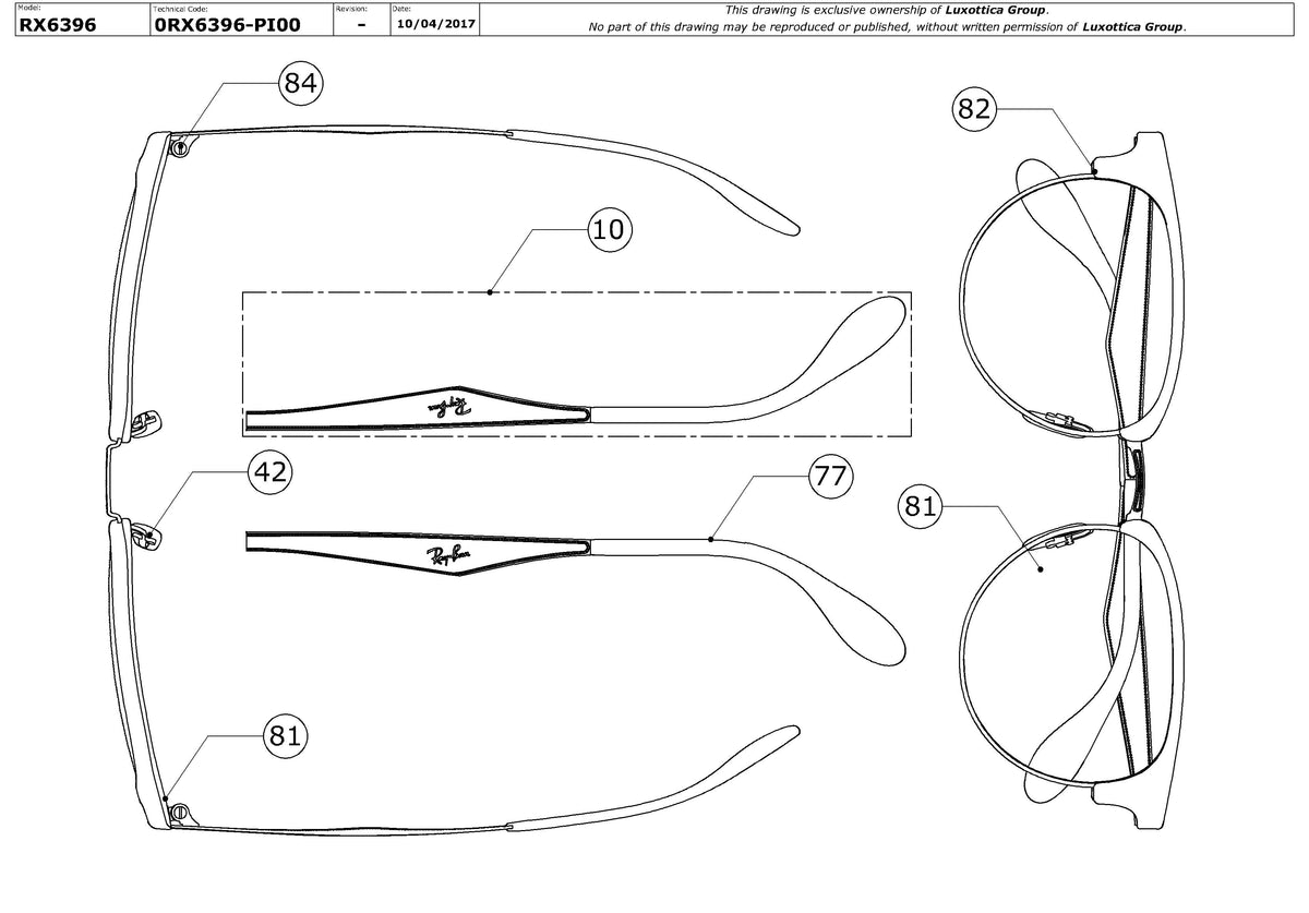 Enlarged technical drawing of the Ray-Ban RX6396 Glasses Replacement Parts