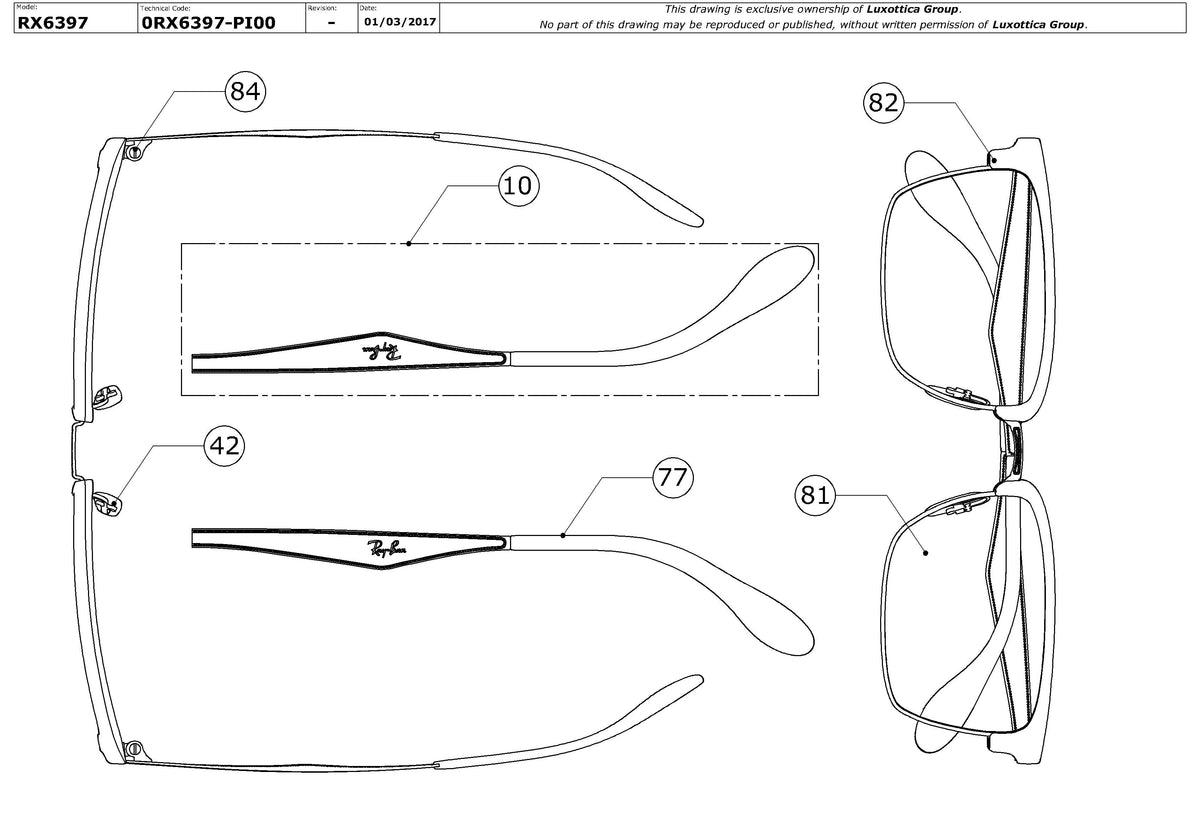 Exploded technical drawing of the Ray-Ban RX6397 Glasses Replacement Parts, with each replacement part numbered