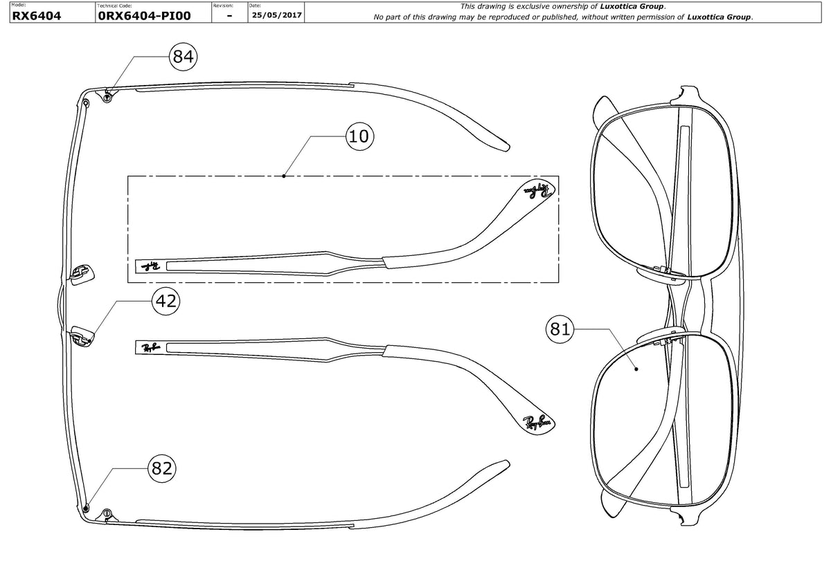 Enlarged technical drawing of the Ray-Ban RX6404 Glasses Replacement Parts