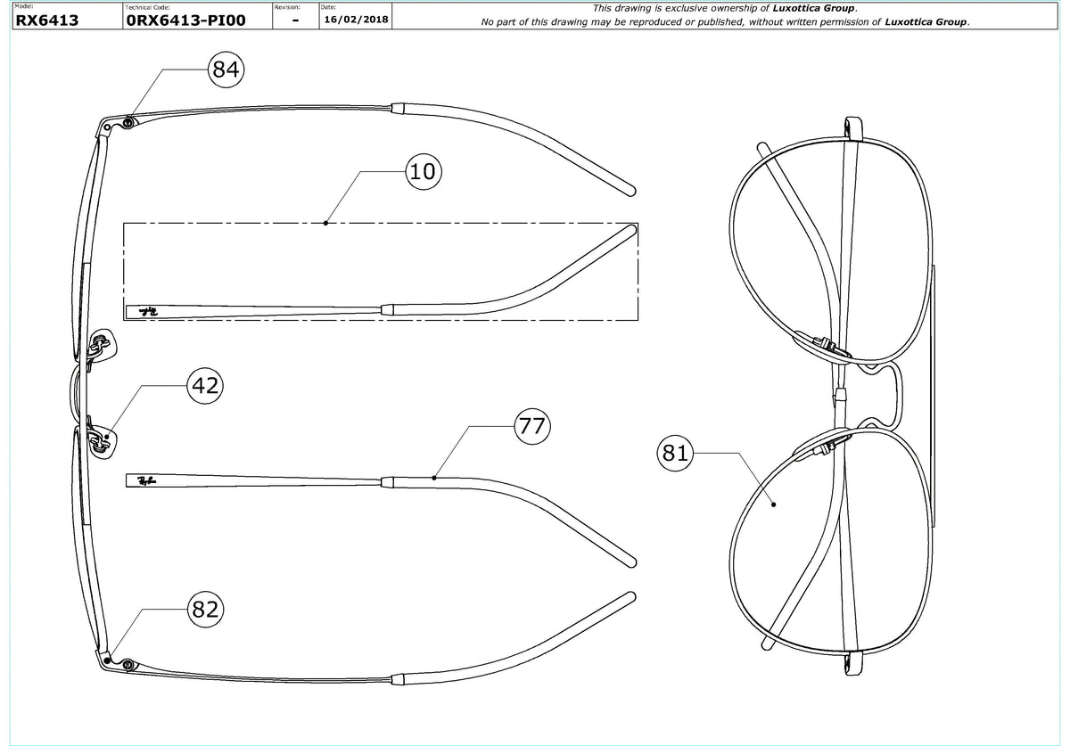 Enlarged technical drawing of the Ray-Ban RX6413 Glasses Replacement Parts