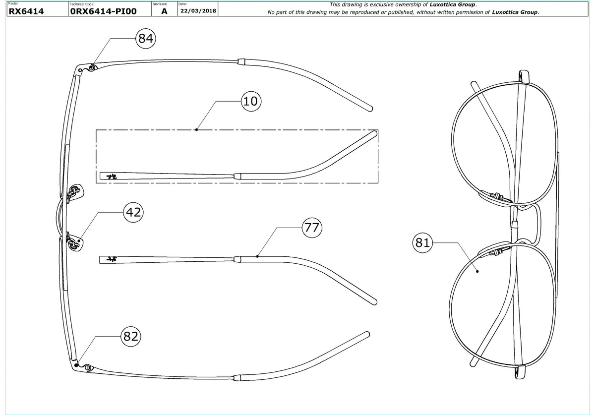 Enlarged technical drawing of the Ray-Ban RX6414 Glasses Replacement Parts