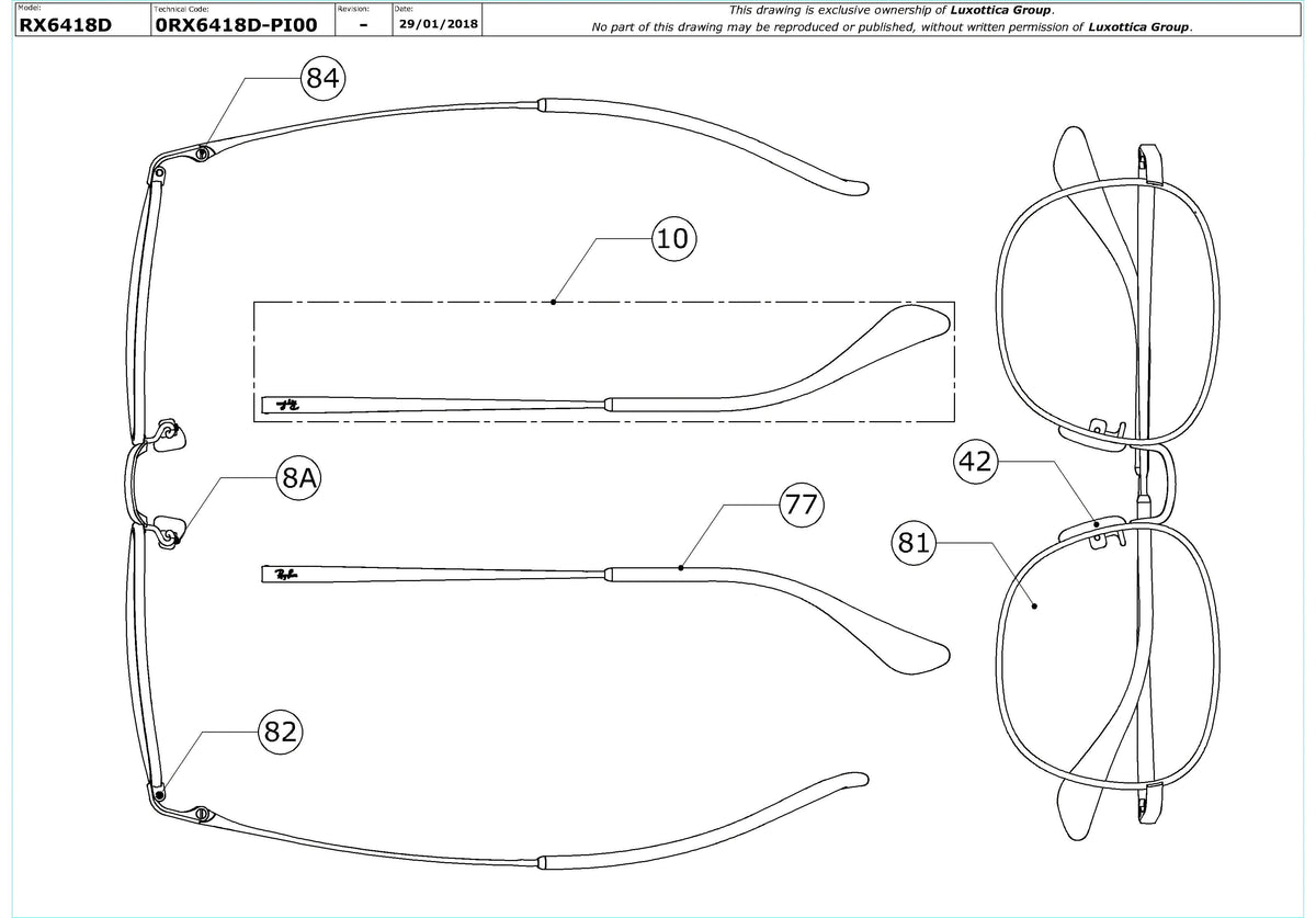 Exploded technical drawing of the Ray-Ban RX6418D Glasses Replacement Parts, with each replacement part numbered