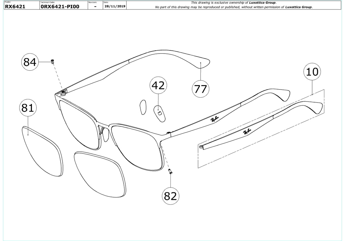 Enlarged technical drawing of the Ray-Ban RX6421 Glasses Replacement Parts