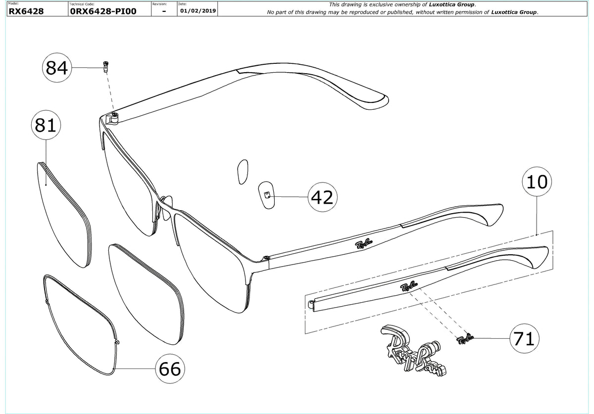Enlarged technical drawing of the Ray-Ban RX6428 Glasses Replacement Parts