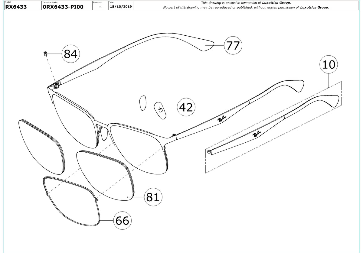 Exploded technical drawing of the Ray-Ban RX6433 Glasses Replacement Parts, with each replacement part numbered