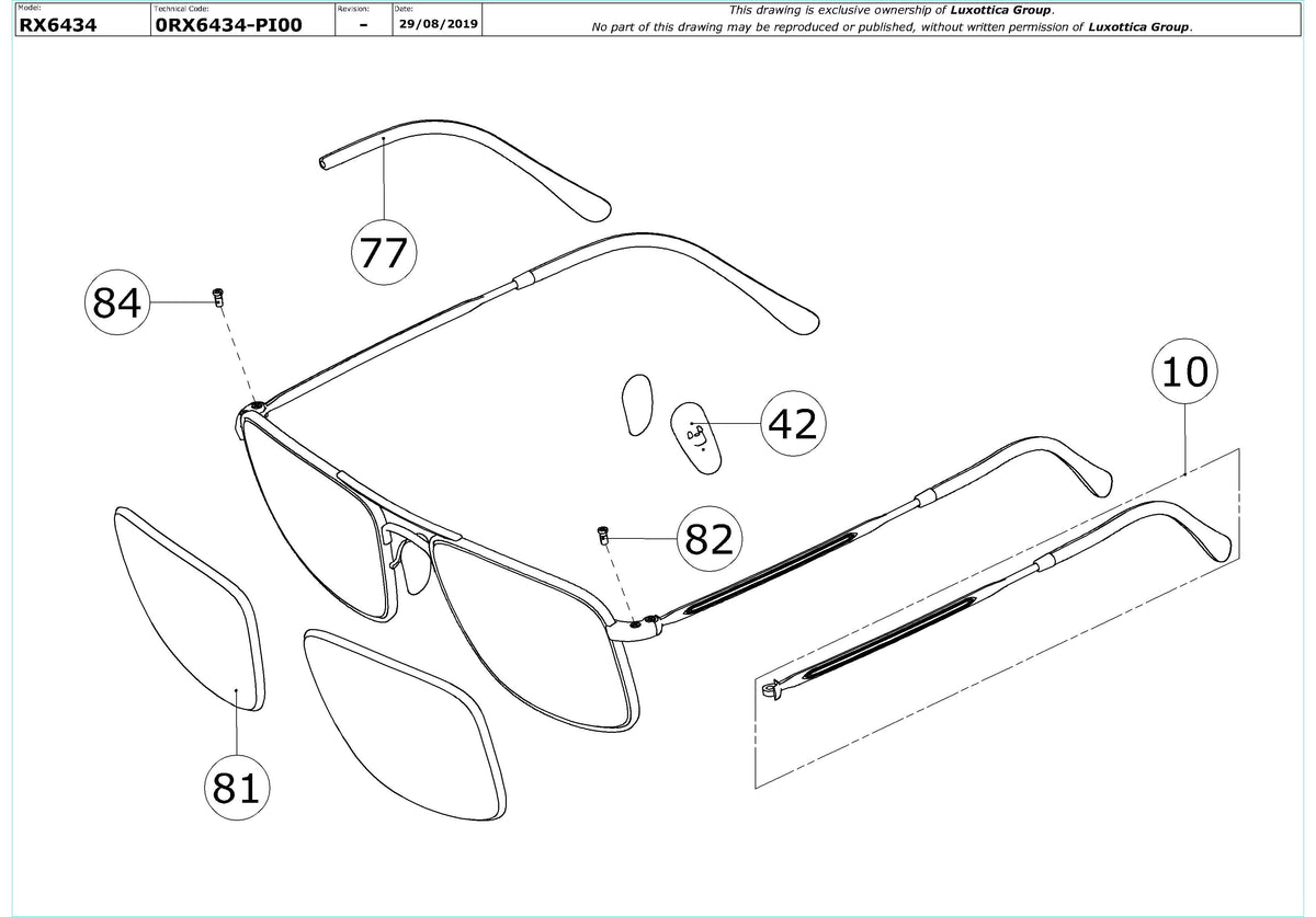 Exploded technical drawing of the Ray-Ban RX6434 Glasses Replacement Parts, with each replacement part numbered