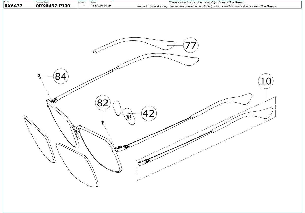 Exploded technical drawing of the Ray-Ban RX6437 Glasses Replacement Parts, with each replacement part numbered