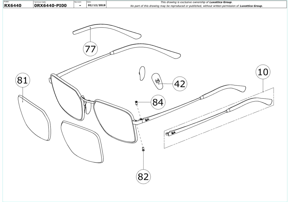Enlarged technical drawing of the Ray-Ban RX6440 Glasses Replacement Parts