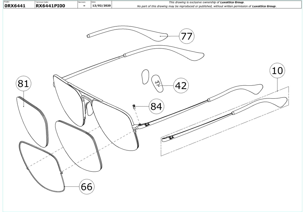 Exploded technical drawing of the Ray-Ban The General Gaze RX6441 Glasses Replacement Parts, with each replacement part numbered