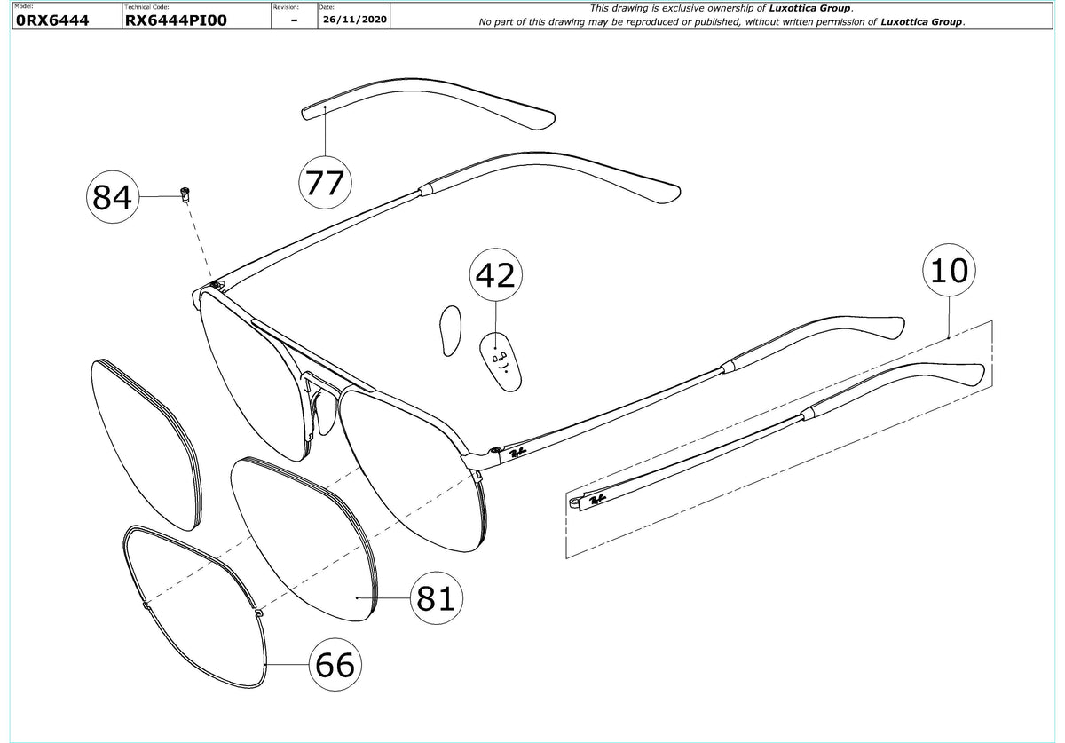 Exploded technical drawing of the Ray-Ban RX6444 Glasses Replacement Parts, with each replacement part numbered