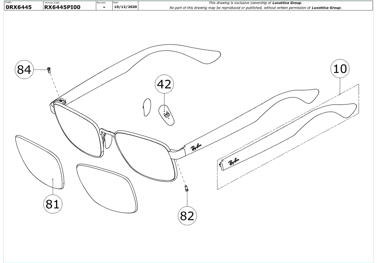 Enlarged technical drawing of the Ray-Ban RX6445 Glasses Replacement Parts