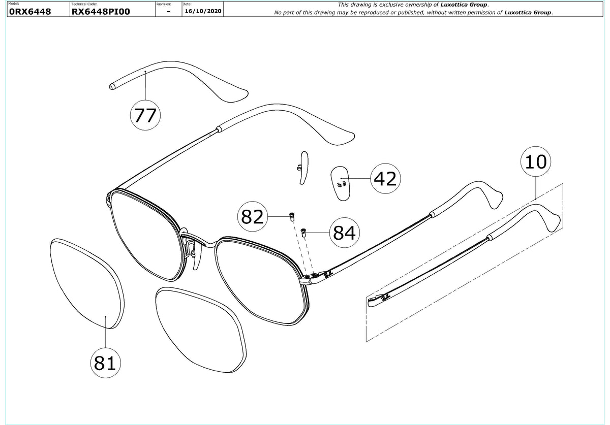 Enlarged technical drawing of the Ray-Ban RX6448 Glasses Replacement Parts