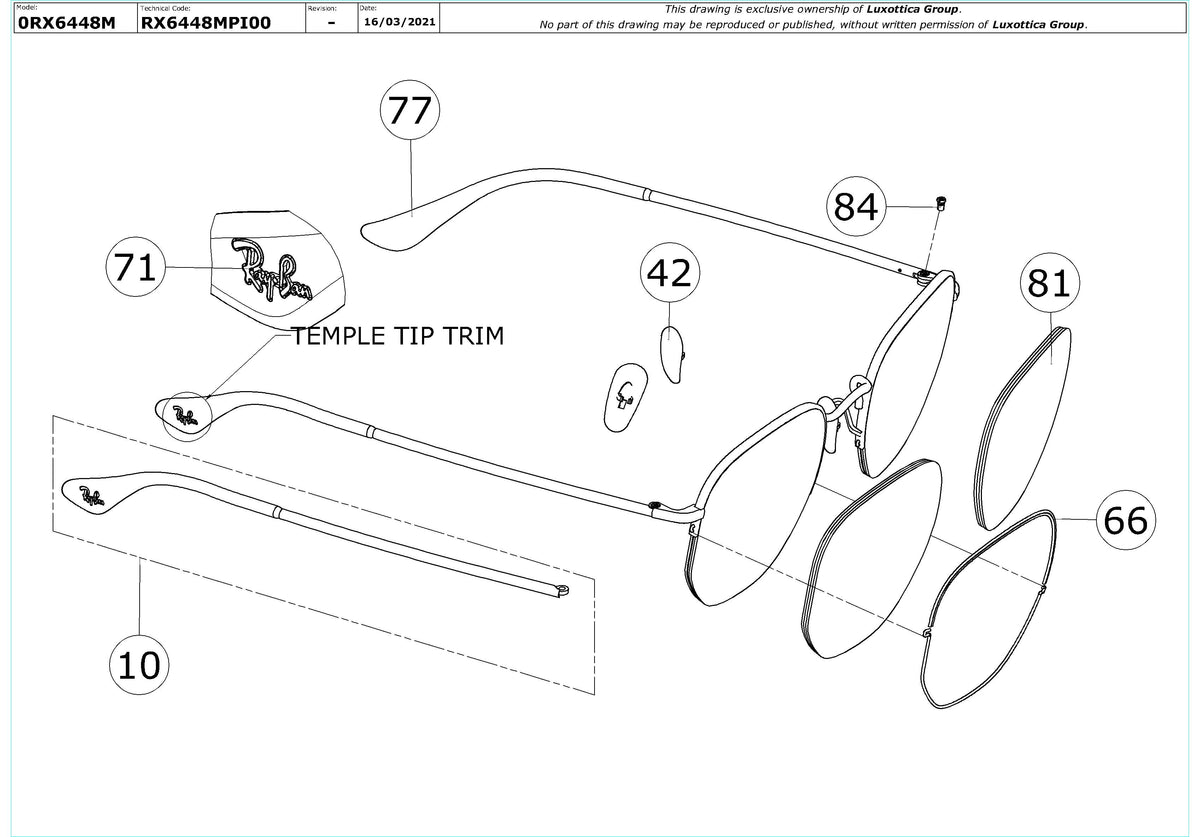 Exploded technical drawing of the Ray-Ban RX6448M Glasses Replacement Parts, with each replacement part numbered