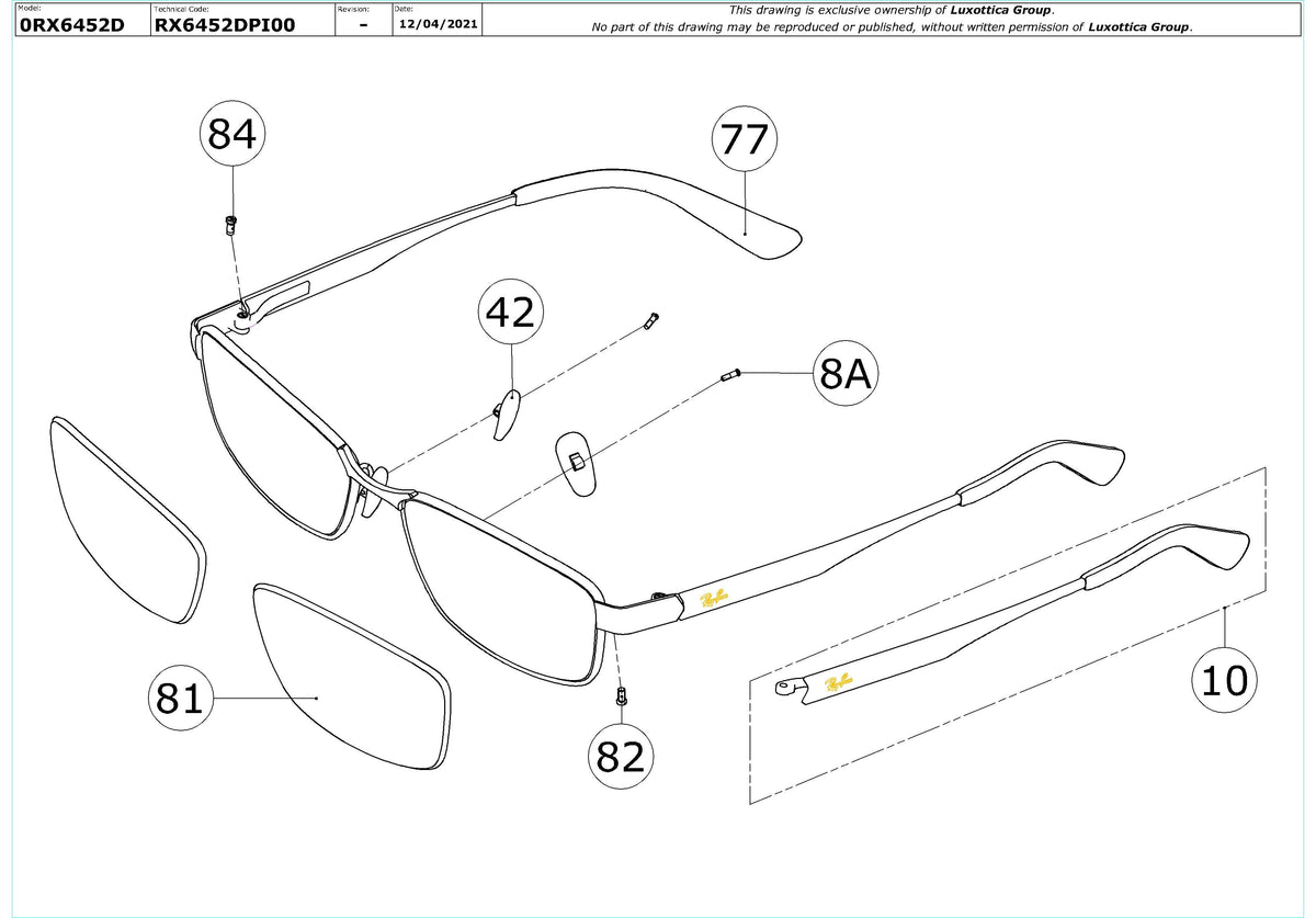 Exploded technical drawing of the Ray-Ban RX6452D Glasses Replacement Parts, with each replacement part numbered