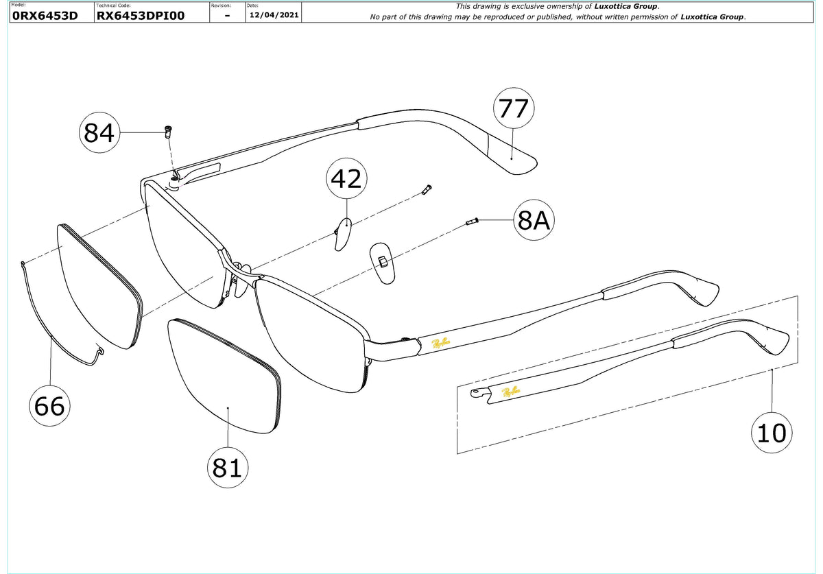 Exploded technical drawing of the Ray-Ban RX6453D Glasses Replacement Parts, with each replacement part numbered